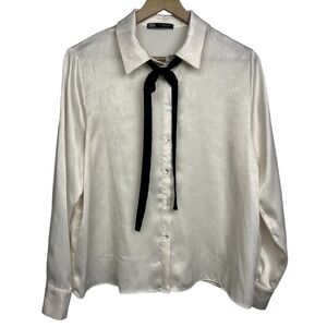 Zara White Long Sleeve Button Down Shirt with Tie Front